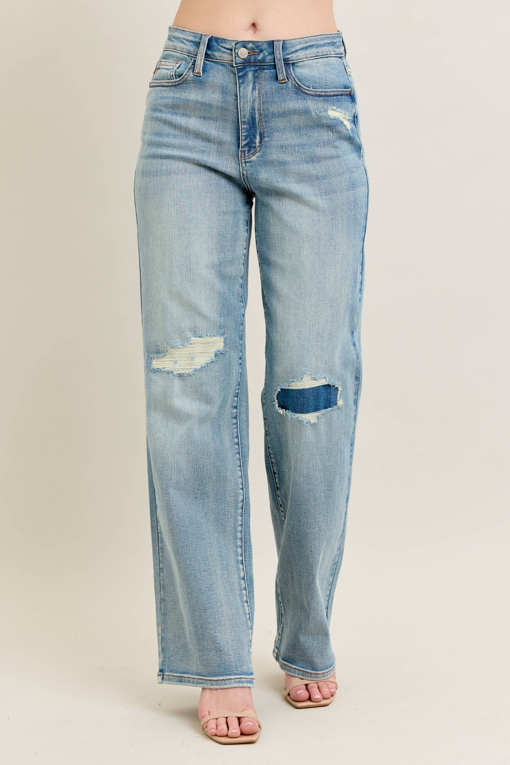 High Waisted Distressed & Knee Patch Straight