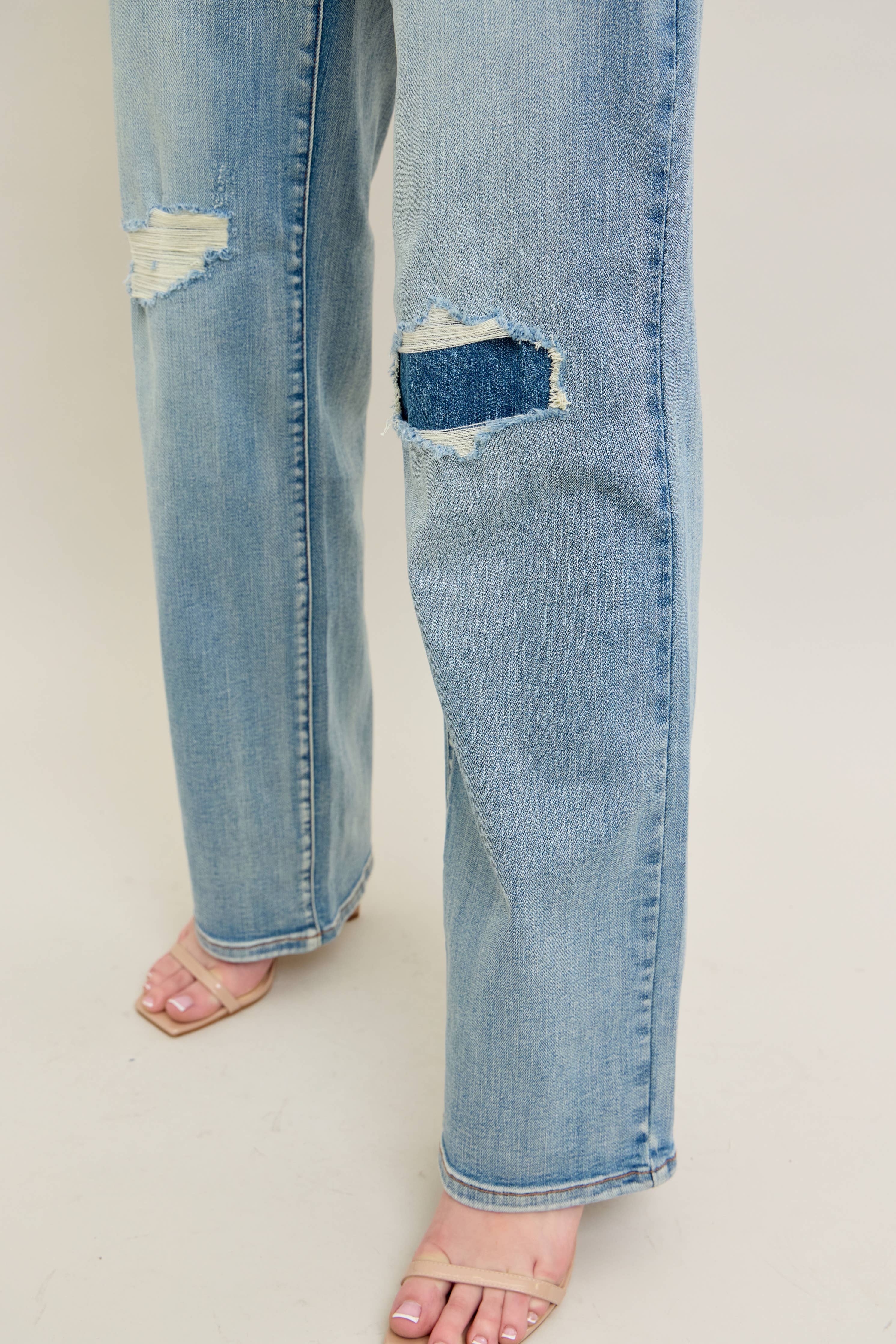High Waisted Distressed & Knee Patch Straight