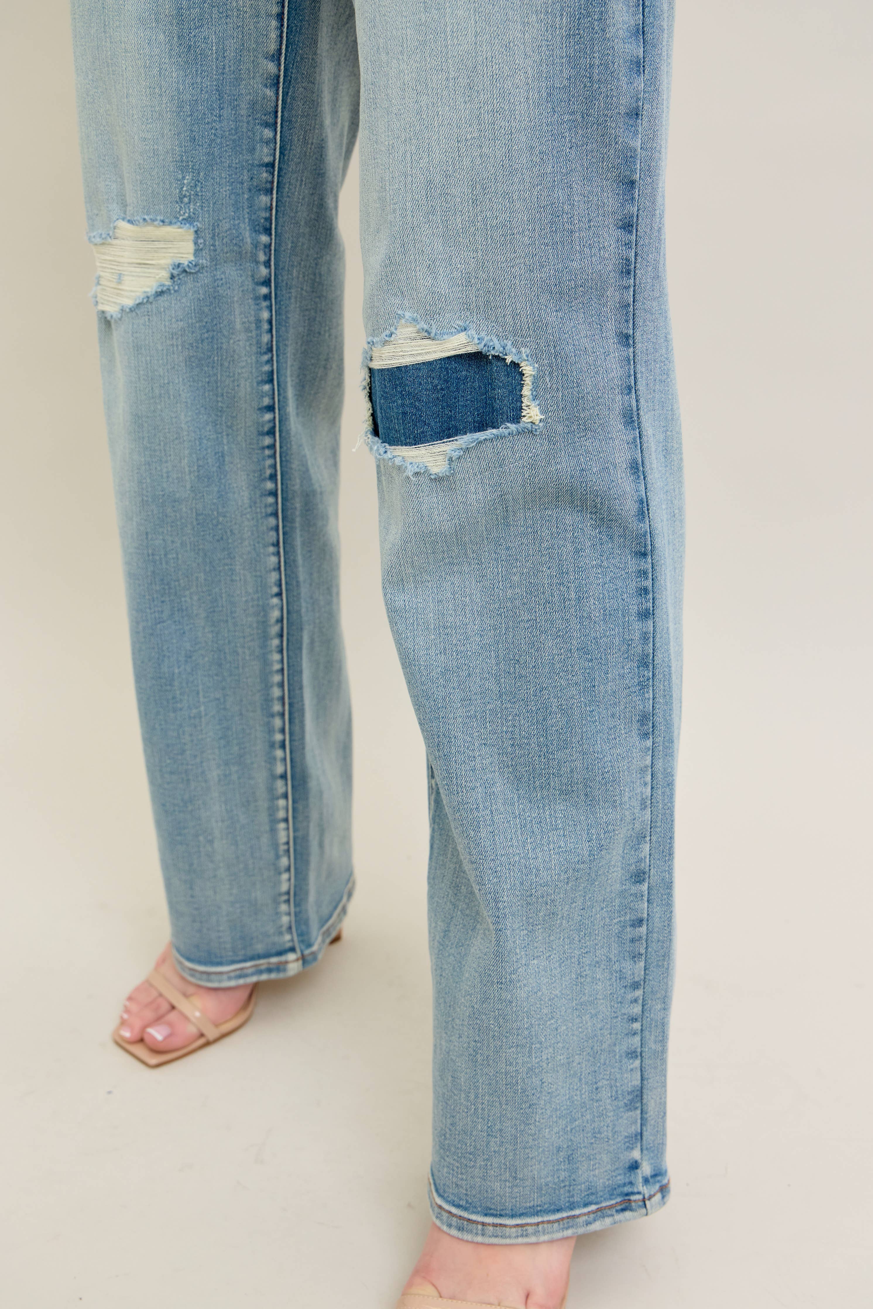 High Waisted Distressed & Knee Patch Straight