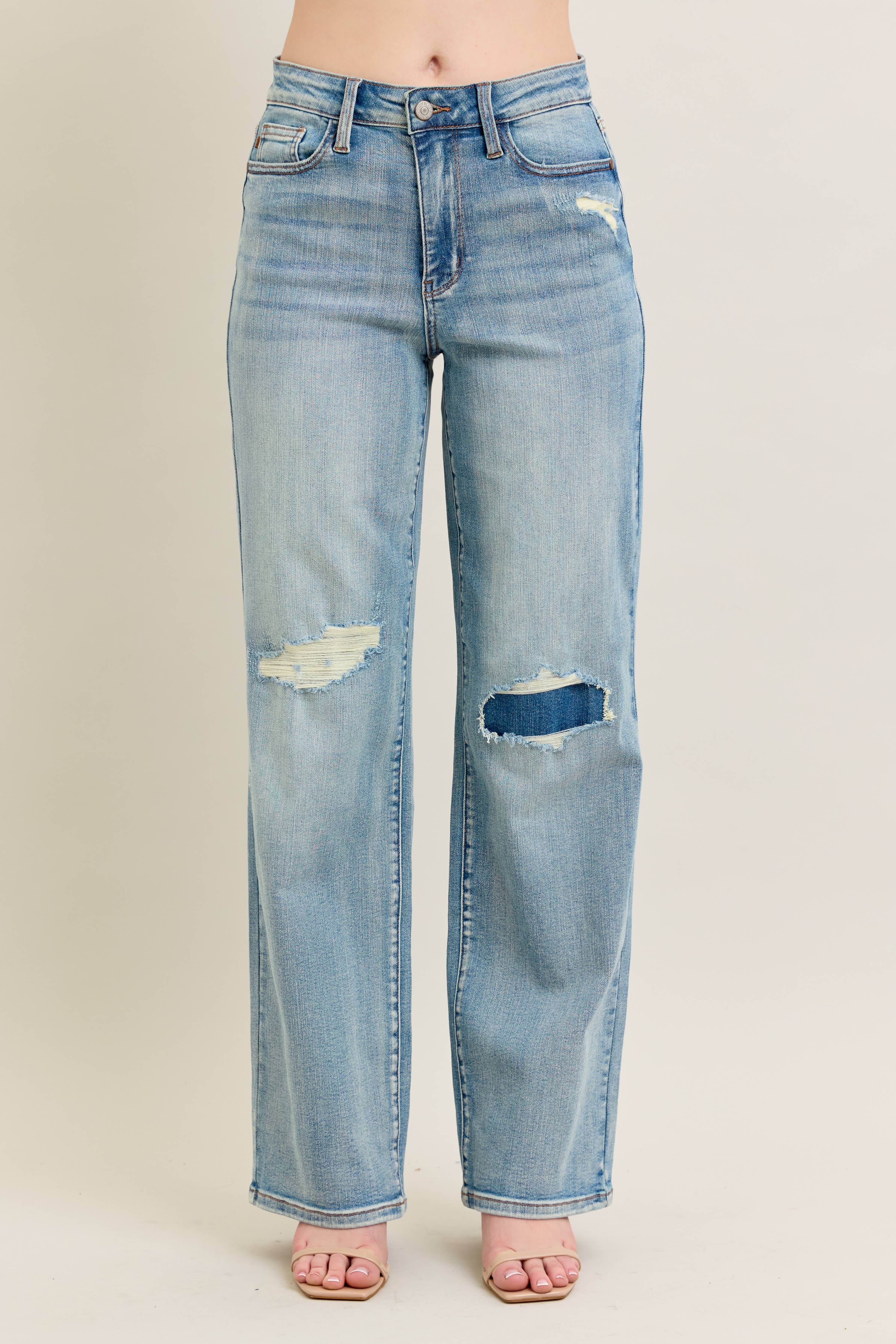 High Waisted Distressed & Knee Patch Straight