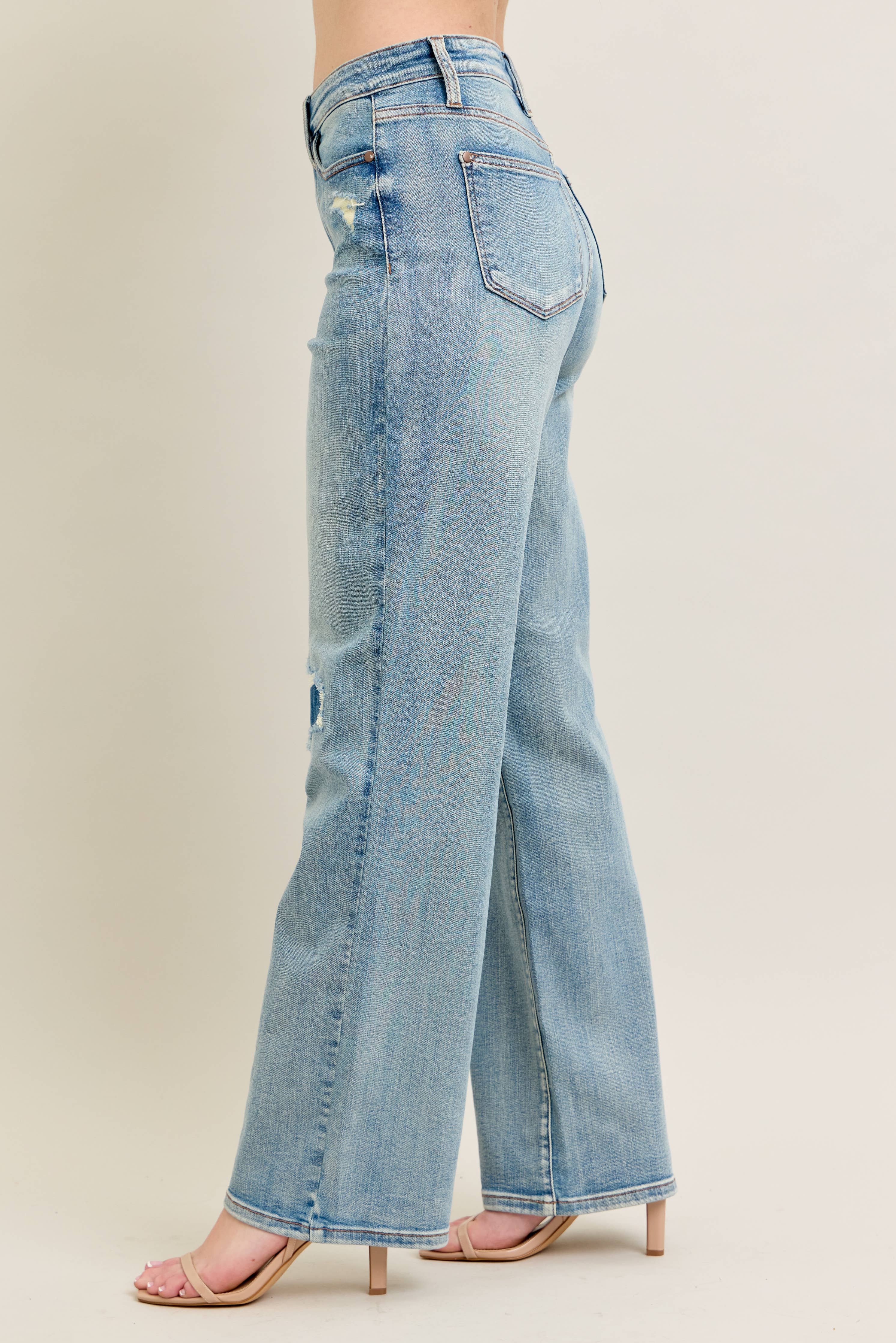 High Waisted Distressed & Knee Patch Straight