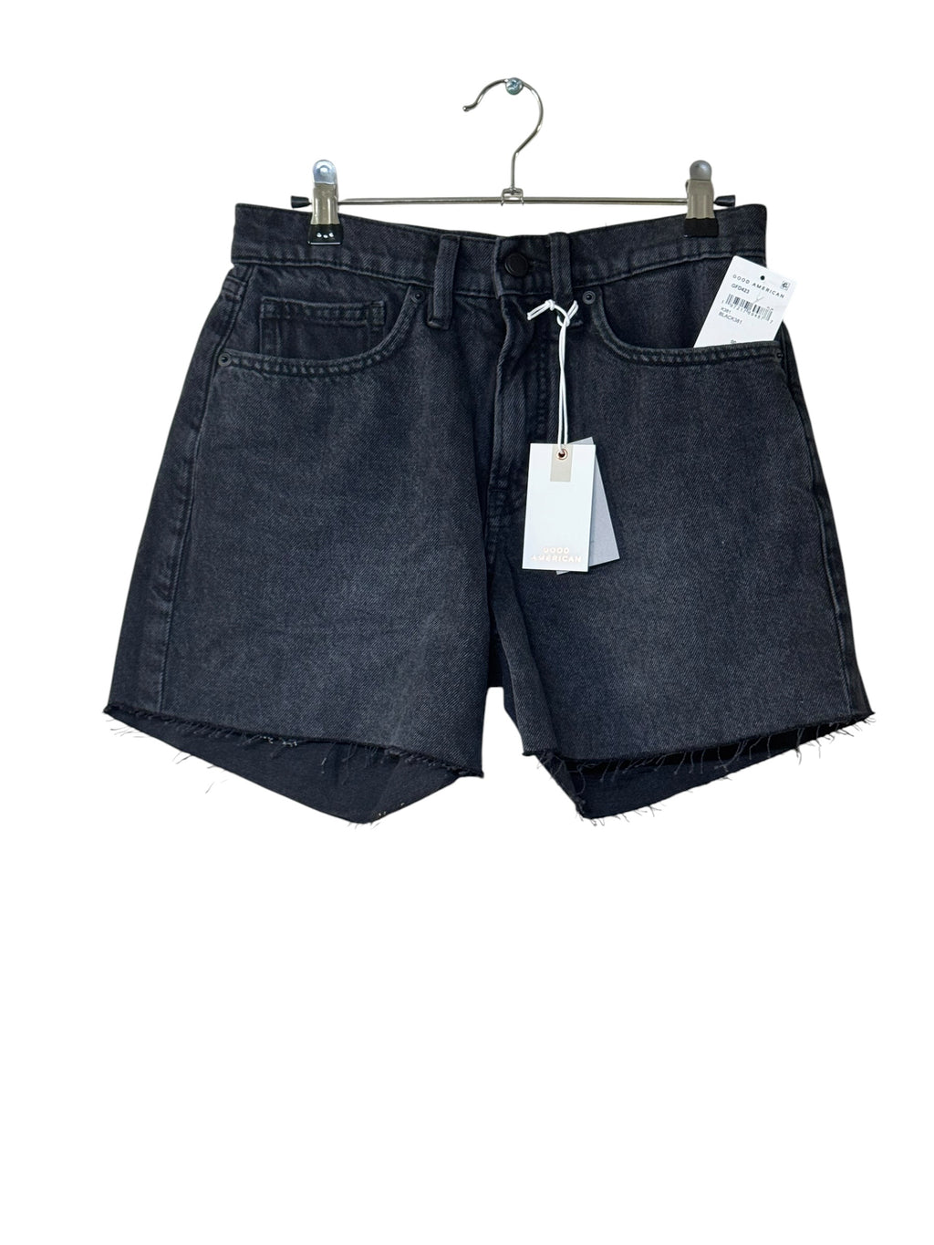 Good American Good Standard Long Distress Black Mid Rise Relaxed Shorts