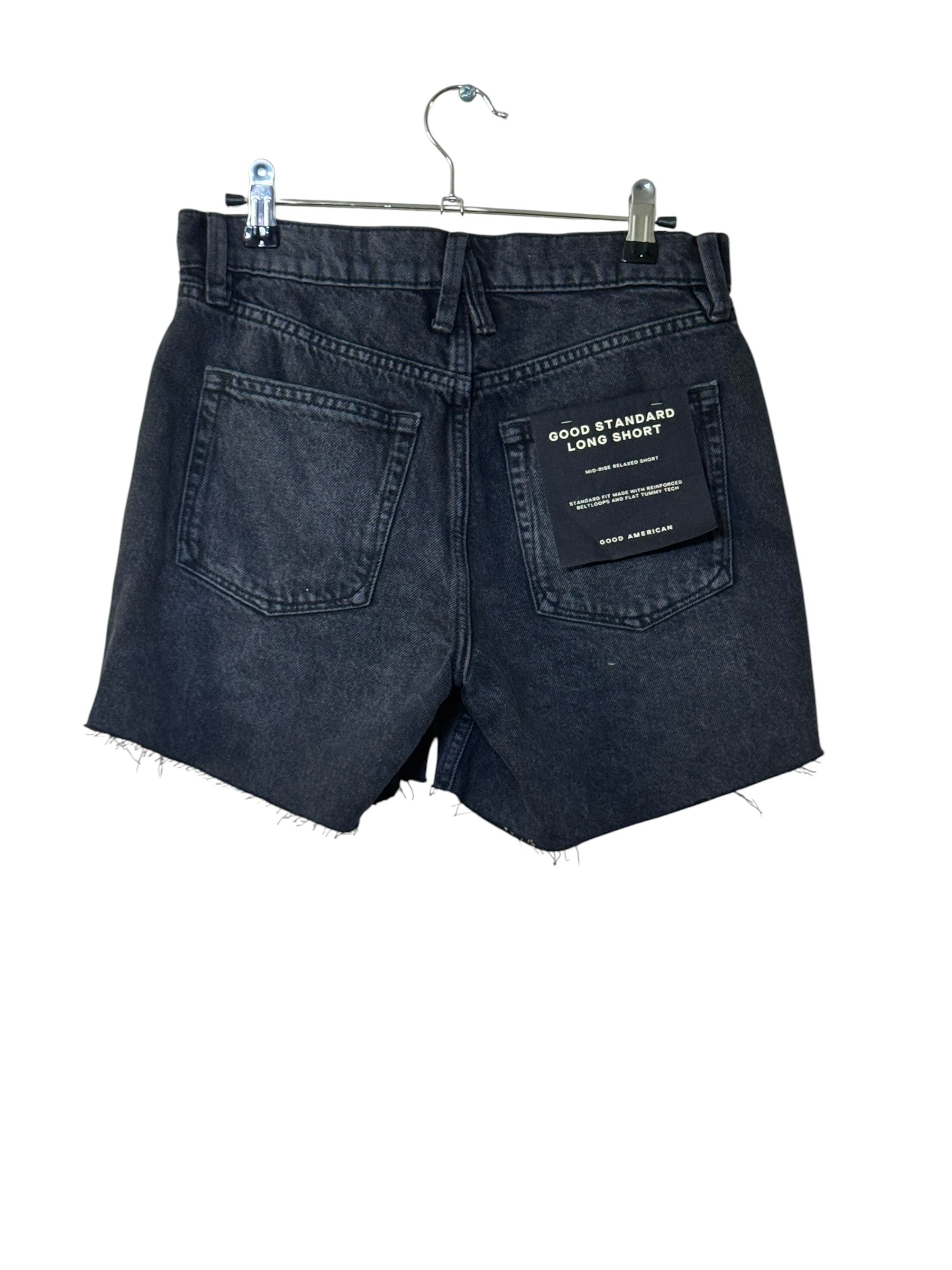 Good American Good Standard Long Distress Black Mid Rise Relaxed Shorts