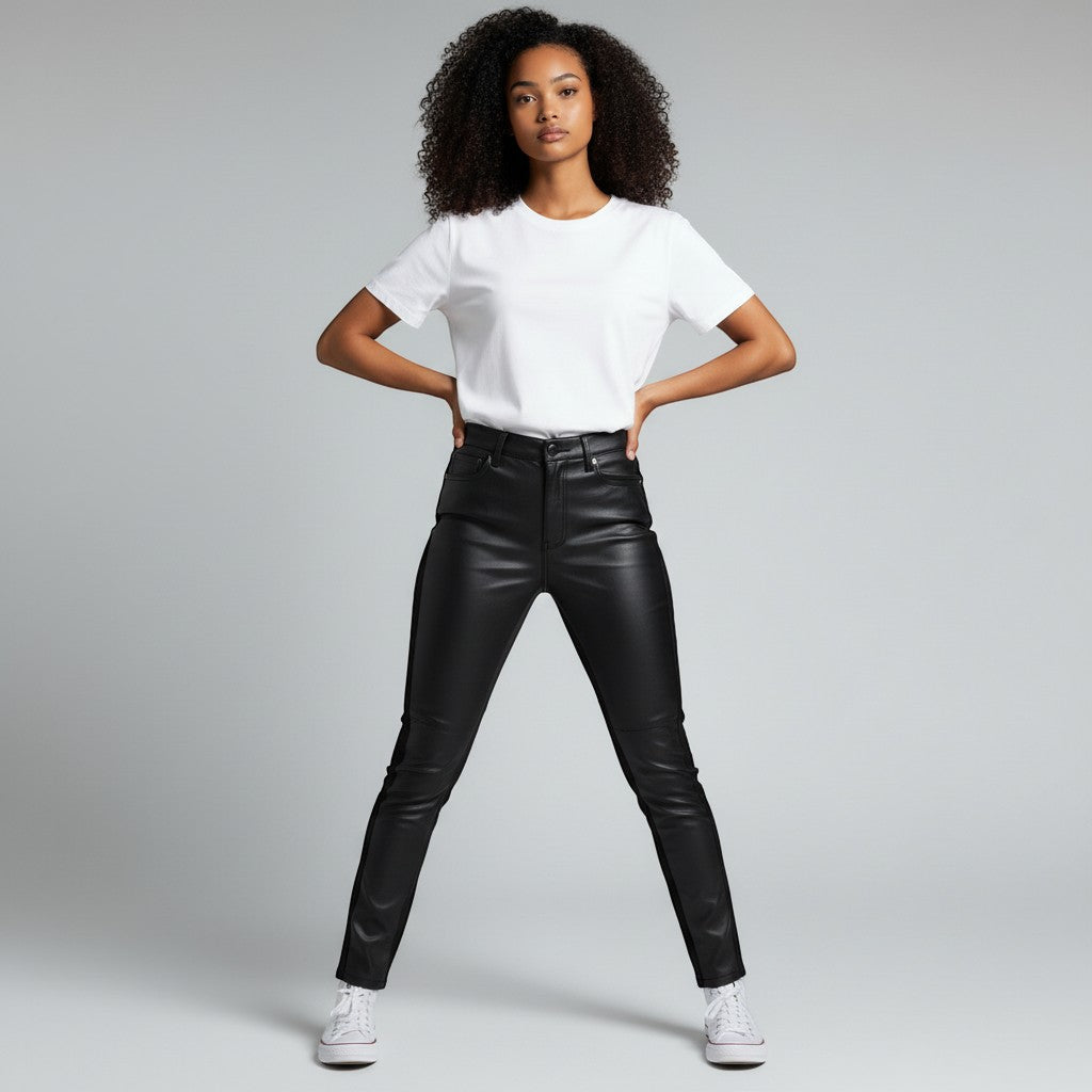 Cali's Closet Boutique black skinny jeans with faux leather front panels and denim back.