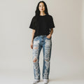Cali's Closet Boutique The Kloe Jean: Super high rise, straight leg, light wash denim with extensive distressed detailing and side slits.