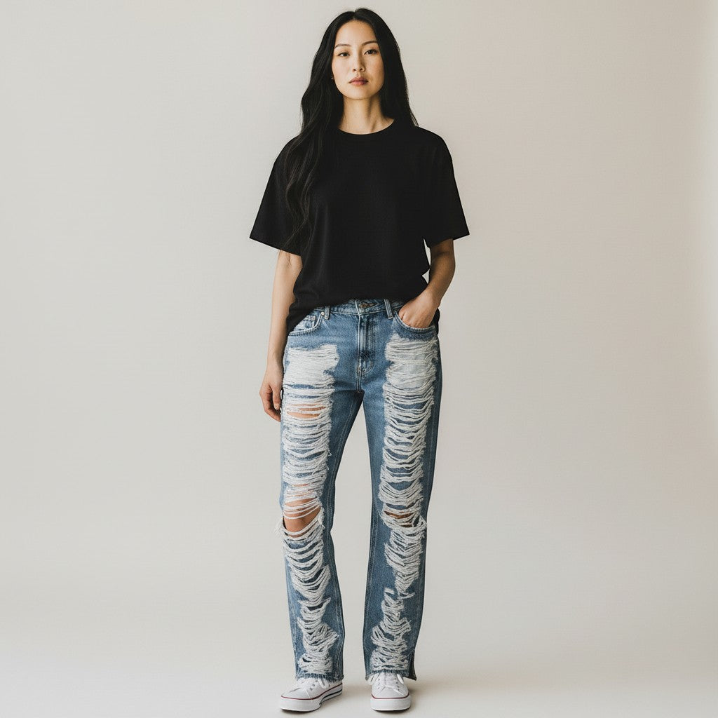 Cali's Closet Boutique The Kloe Jean: Super high rise, straight leg, light wash denim with extensive distressed detailing and side slits.