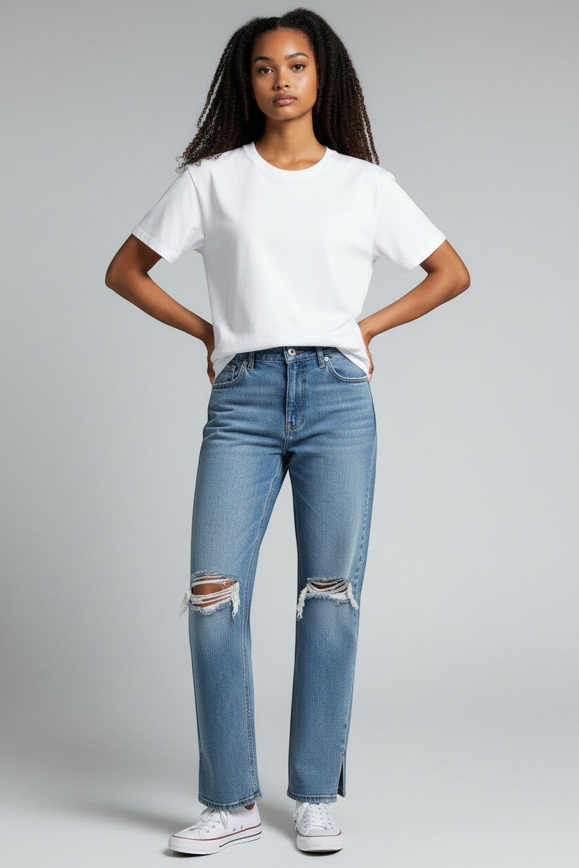 Cali's Closet Boutique The Kloe Jean: Super high rise, straight leg, distressed blue denim jeans with knee rips and side slits. Made from premium stretch denim.