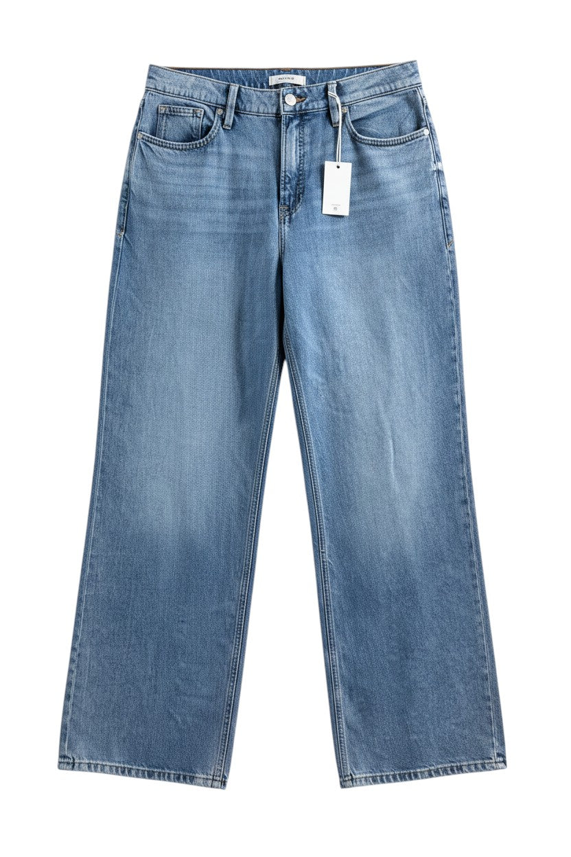 Cali's Closet Boutique light wash blue denim mid-rise relaxed fit jeans with a straight leg.