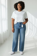 Cali's Closet Boutique mid-rise relaxed fit blue denim jeans with a straight leg and classic five-pocket styling.