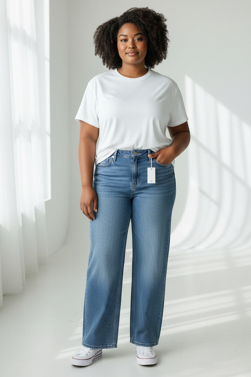 Cali's Closet Boutique mid-rise relaxed fit blue denim jeans with a straight leg and classic five-pocket styling.