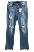Cali's Closet Boutique Judy Blue distressed straight mid rise jeans in medium stone wash denim with frayed hem.