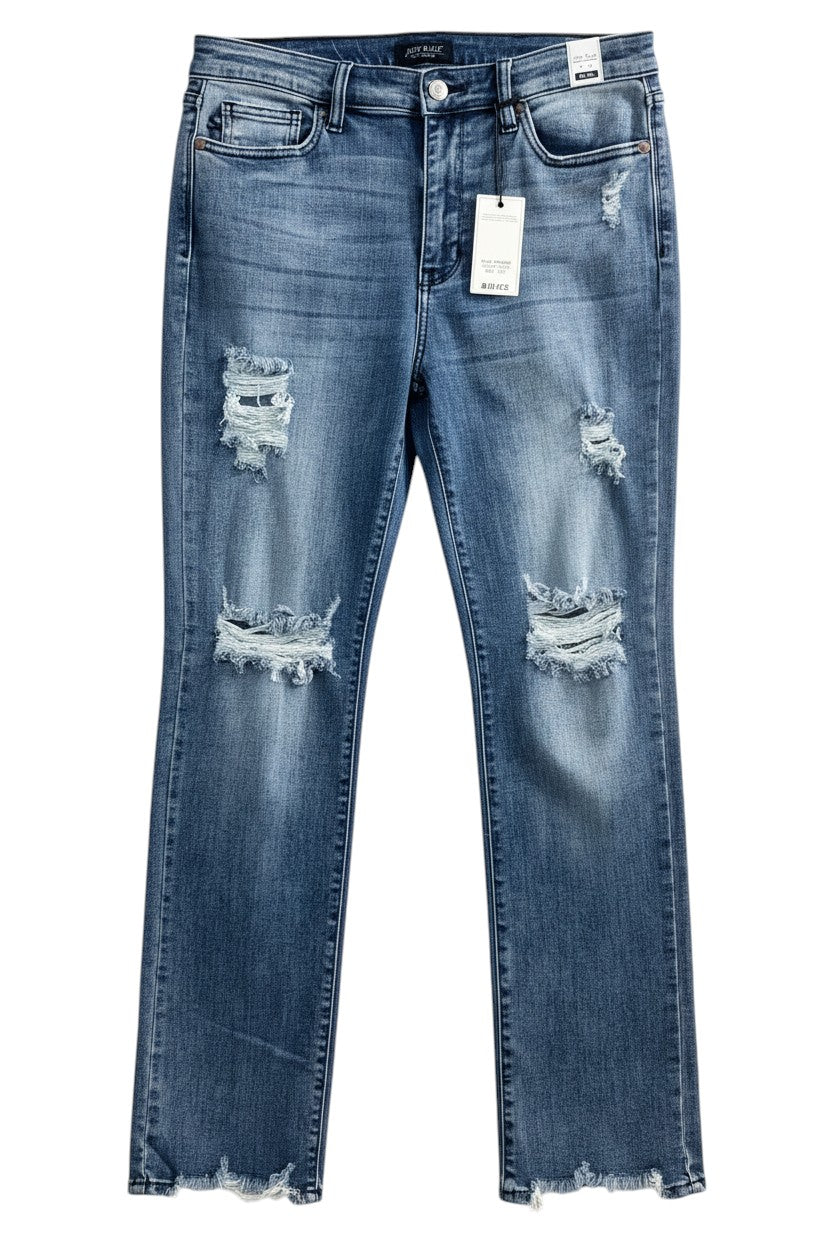 Cali's Closet Boutique Judy Blue distressed straight mid rise jeans in medium stone wash denim with frayed hem.